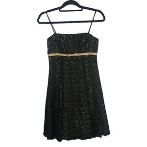 Betsy & Adam Black Gold Crochet Straight Neckline Spaghetti Strap Mini Dress